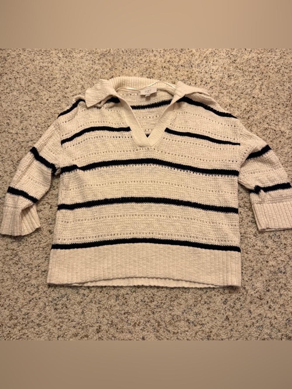 LOFT Cream Sweater with Black Stripes V-Neck Polo Collar